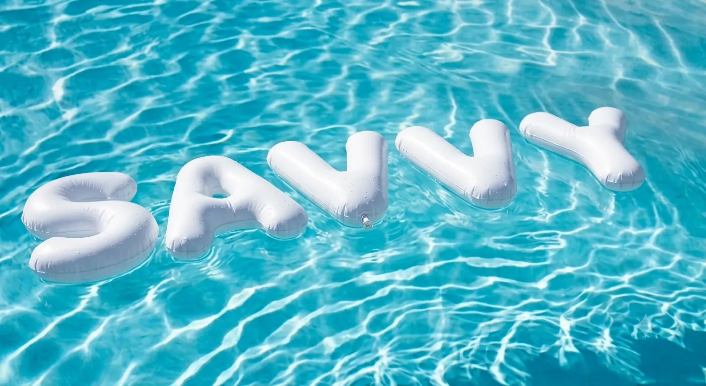 Inflatable SAVVY letters floating in a bright blue pool