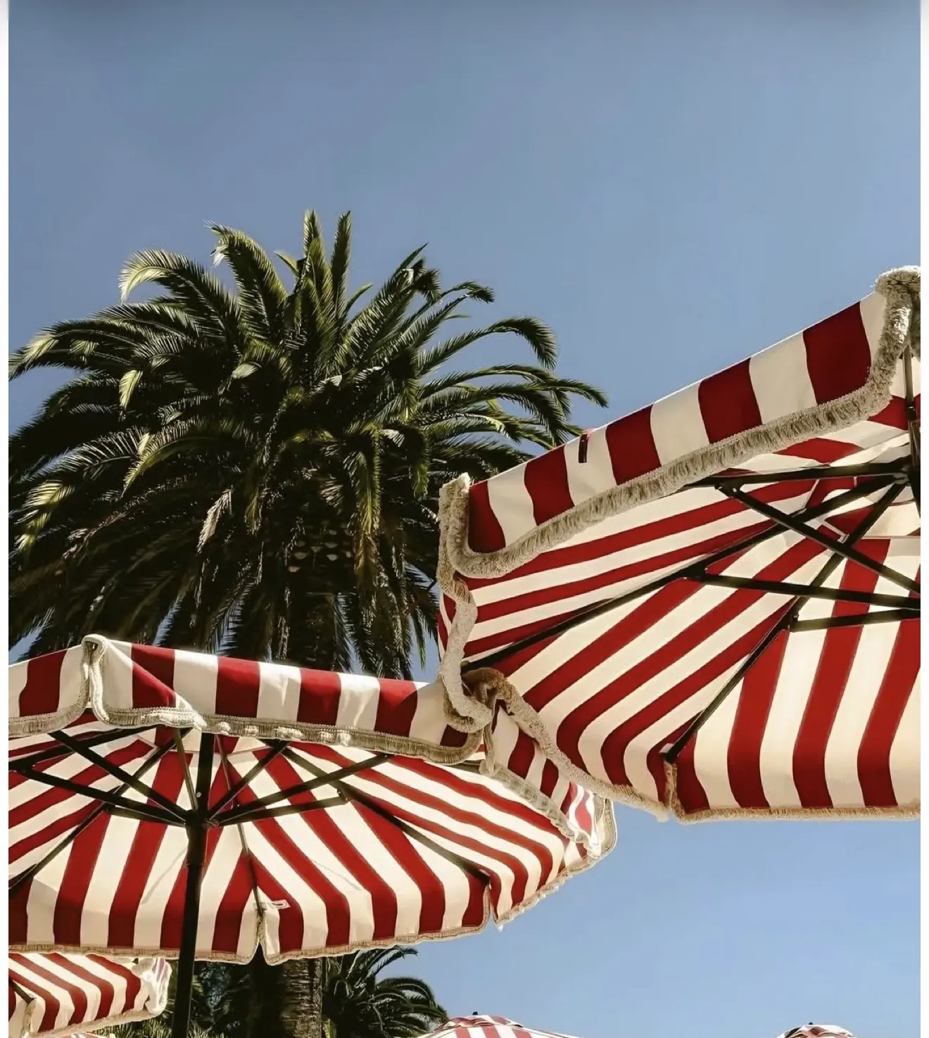 Red and white striped fringed umbrellas against a blue sky