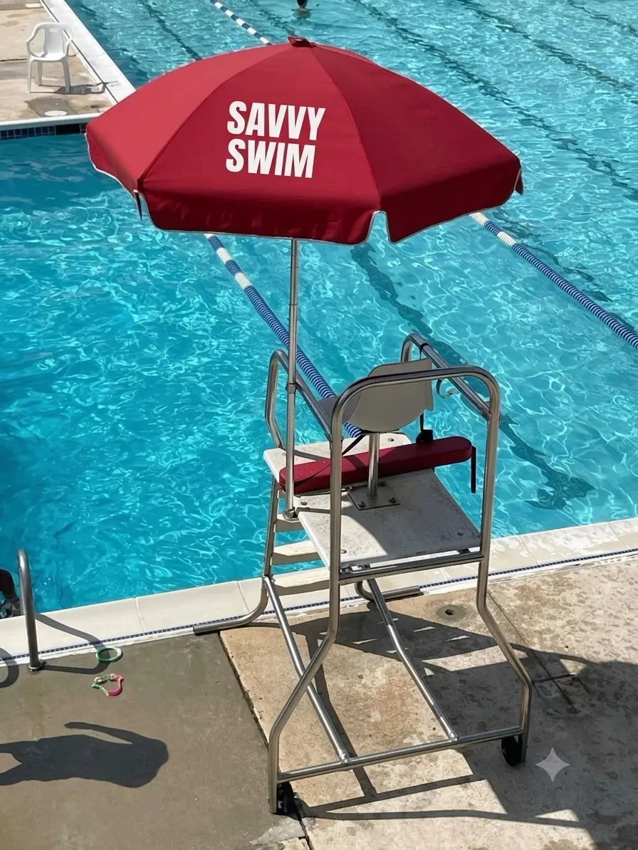 Savvy Swim lifeguard chair beside a serviced pool